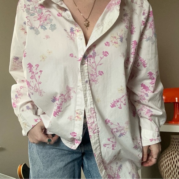 Woman Within Cream Button-Up Shirt with Pink Floral Print - Picture 2 of 3